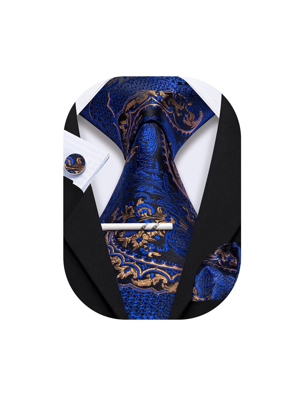 2205 Blue Gold Tie with Tie Clip Paisley Silk Necktie Handkerchief